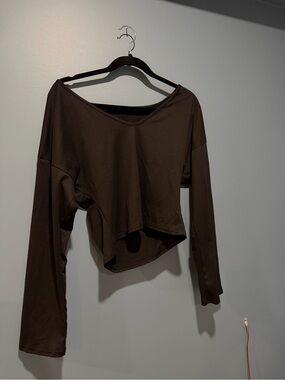 Brown Long-Sleeve Off-Shoulder Crop Top - Women